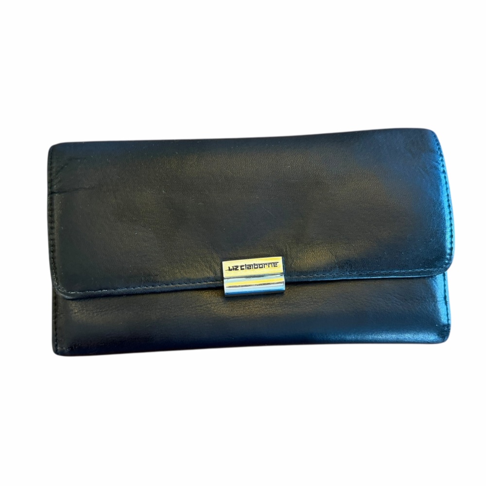 Retro Black Leather Liz Claiborne Tri Fold Wallet/Coin Purse/ Pocketbook